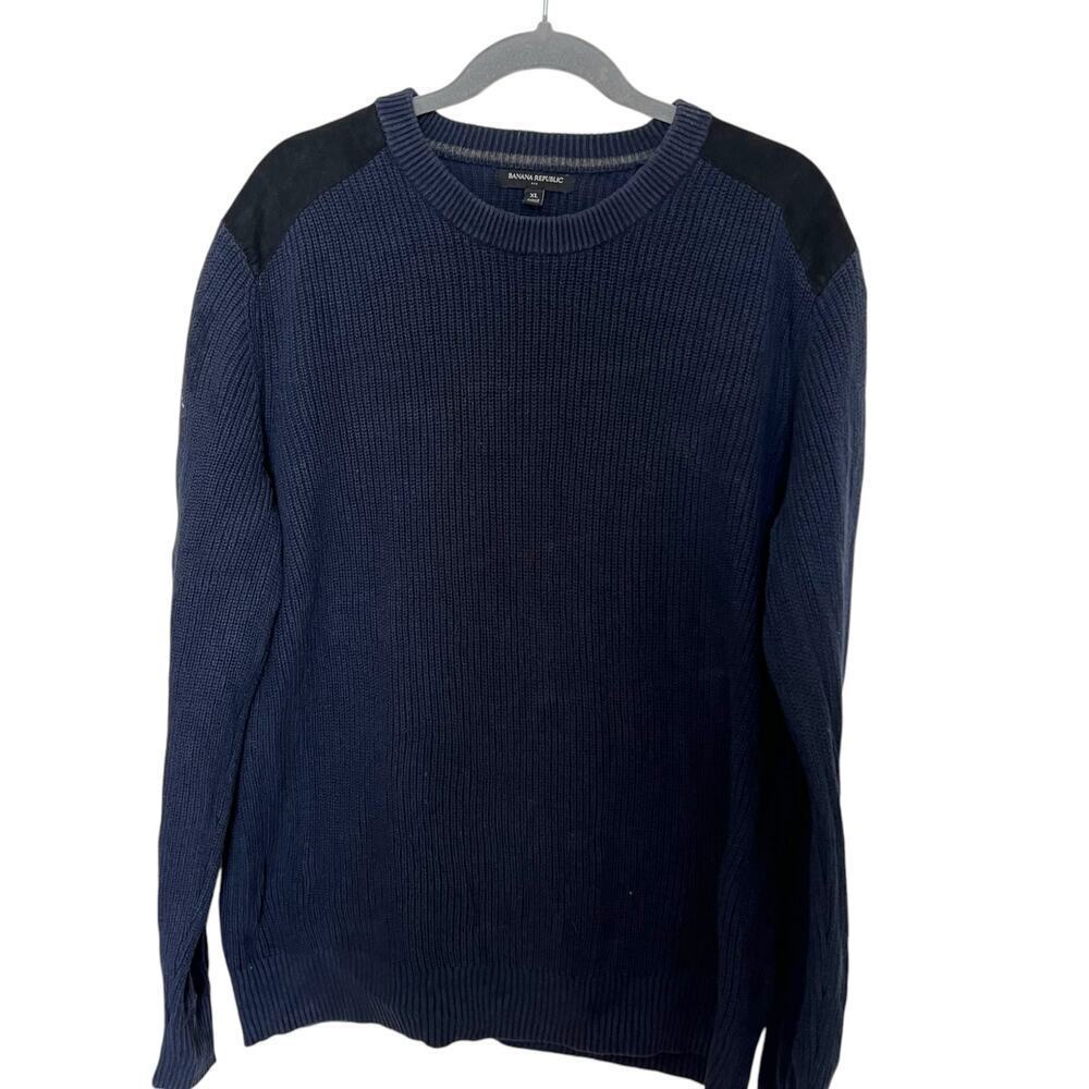 Banana Republic Factory Men's‎ Cotton Sweater Suede Shoulder Navy Size XL Preppy